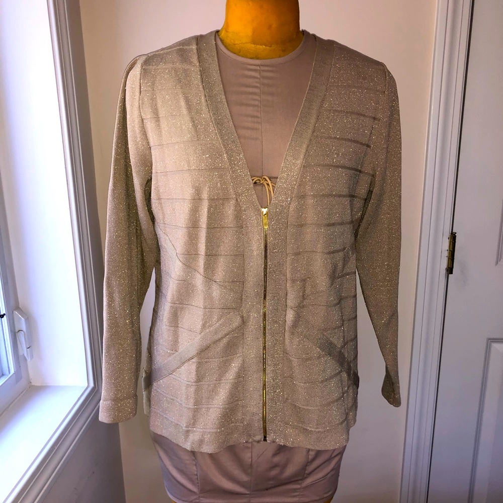 Metallic gold bandage knit zip cardigan